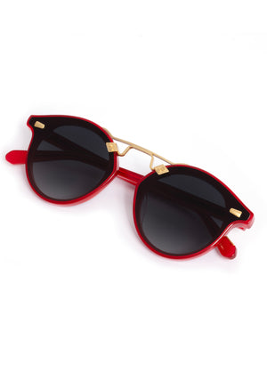 STL NYLON | Cherry 18K Handcrafted, luxury red cherry acetate round KREWE sunglasses with flat edge to edge nylon lens and 18k gold metal bridge