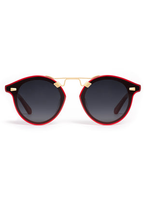 STL NYLON | Cherry 18K Handcrafted, luxury red cherry acetate round KREWE sunglasses with flat edge to edge nylon lens and 18k gold metal bridge