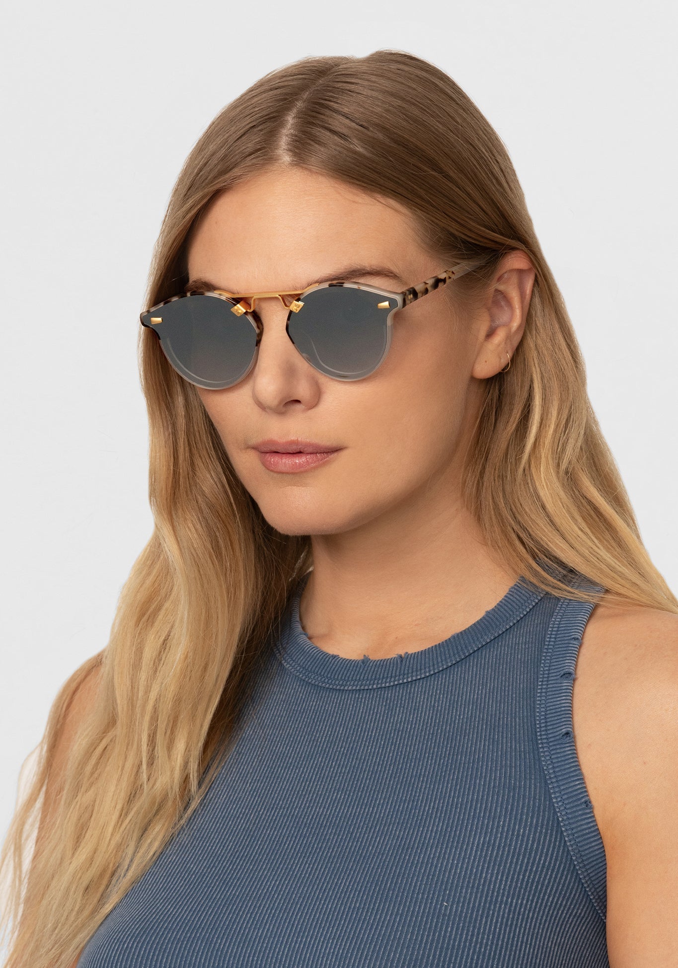 STL NYLON | Matte Oyster to Crystal 24K Mirror Polarized Handcrafted, luxury tortoise shell acetate KREWE sunglasses womens model | Model: Maritza