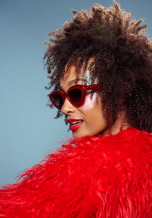 SASHA | Cherry Handcrafted, luxury glossy red acetate bubble cat-eye KREWE sunglasses womens model campaign | Model: Melie