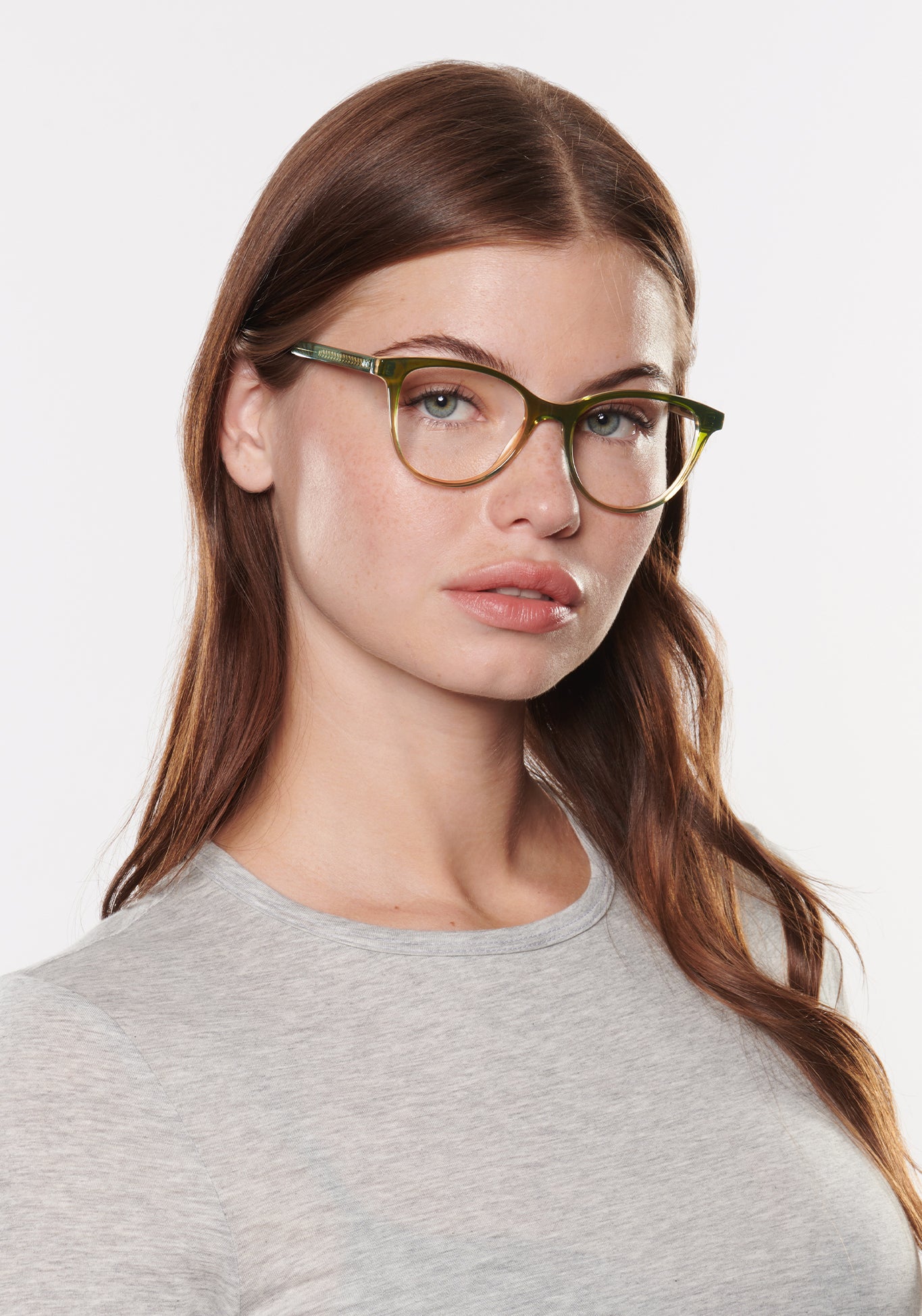 SIERRA | Shishito Handcrafted, luxury green gradient oversized round cat-eye KREWE eyeglasses womens model | Model: Katie