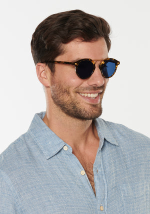 ST. LOUIS CLASSICS | Bengal Polarized 24K Handcrafted, luxury blue tortoise acetate KREWE Sunglasses mens model | Model: Douglas