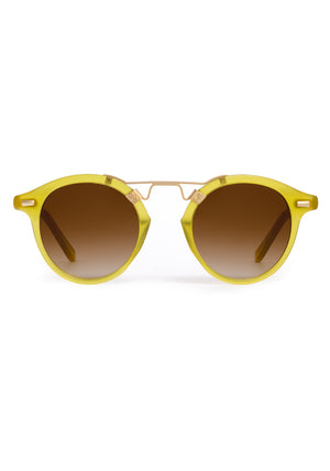 ST. LOUIS | Chartreuse 18K Handcrafted, luxury, yellow green acetate round KREWE sunglasses with gold bridge and hardware