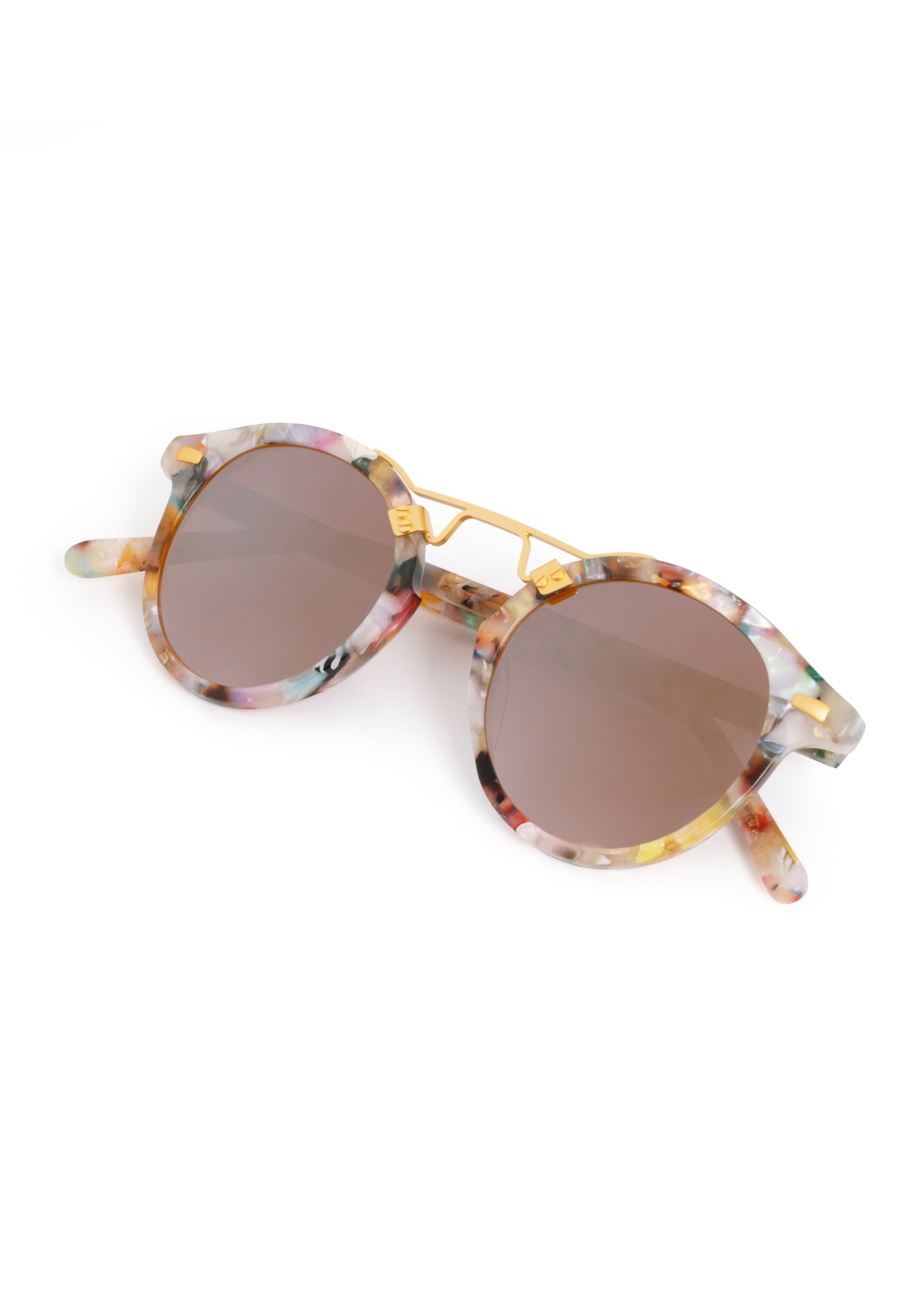 ST. LOUIS | Gelato 24K Mirrored Handcrafted, luxury, multicolored acetate mirrored round KREWE sunglasses with gold bridge and hardware 