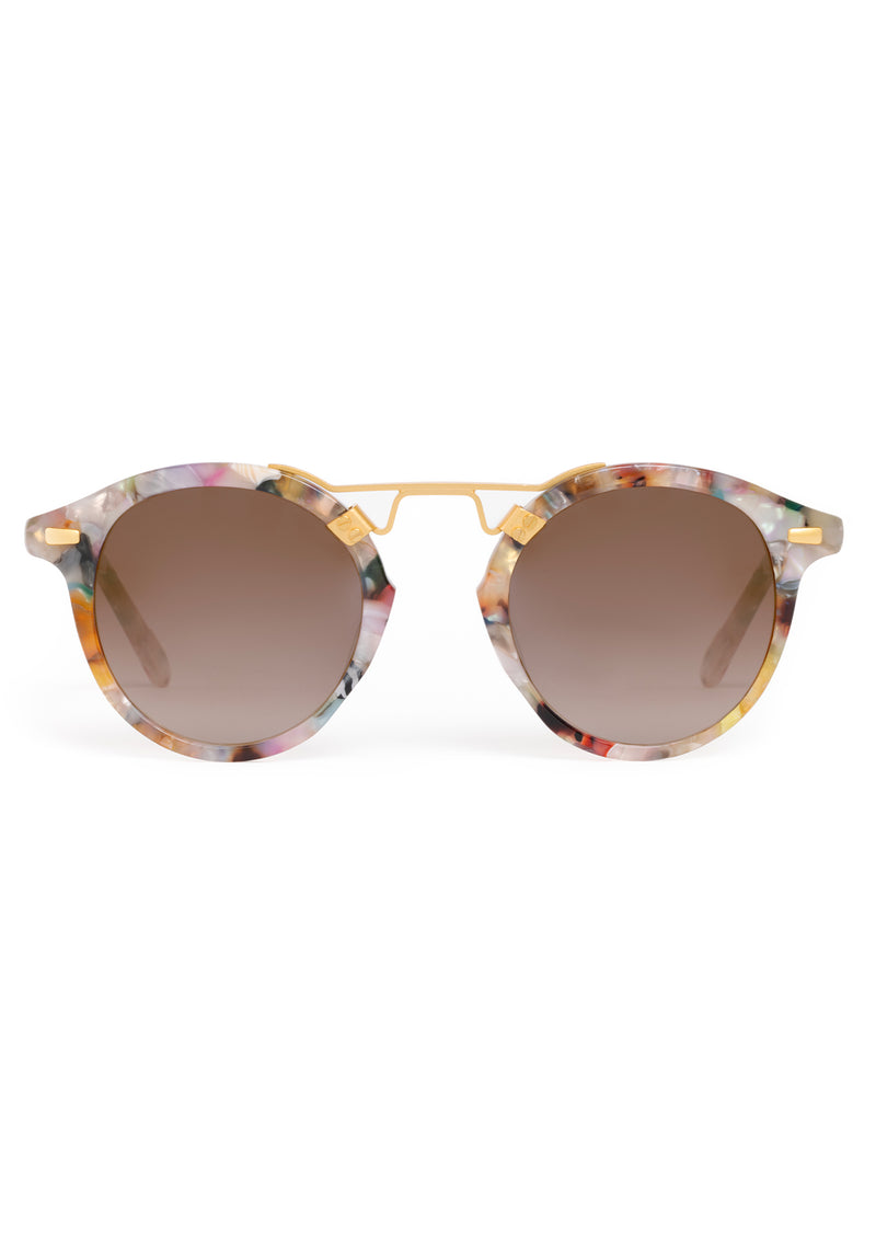 ST. LOUIS | Gelato 24K Mirrored Handcrafted, luxury, multicolored acetate mirrored round KREWE sunglasses with gold bridge and hardware 