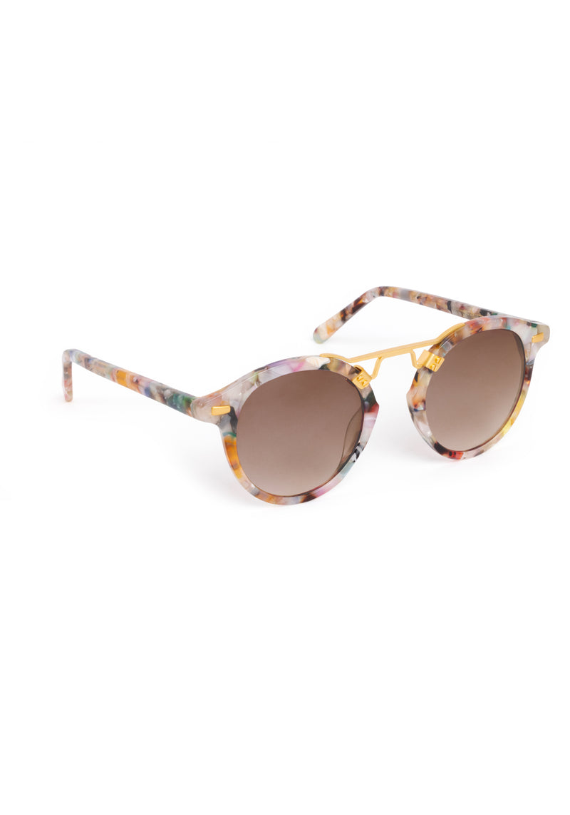 ST. LOUIS | Gelato 24K Mirrored Handcrafted, luxury, multicolored acetate mirrored round KREWE sunglasses with gold bridge and hardware 