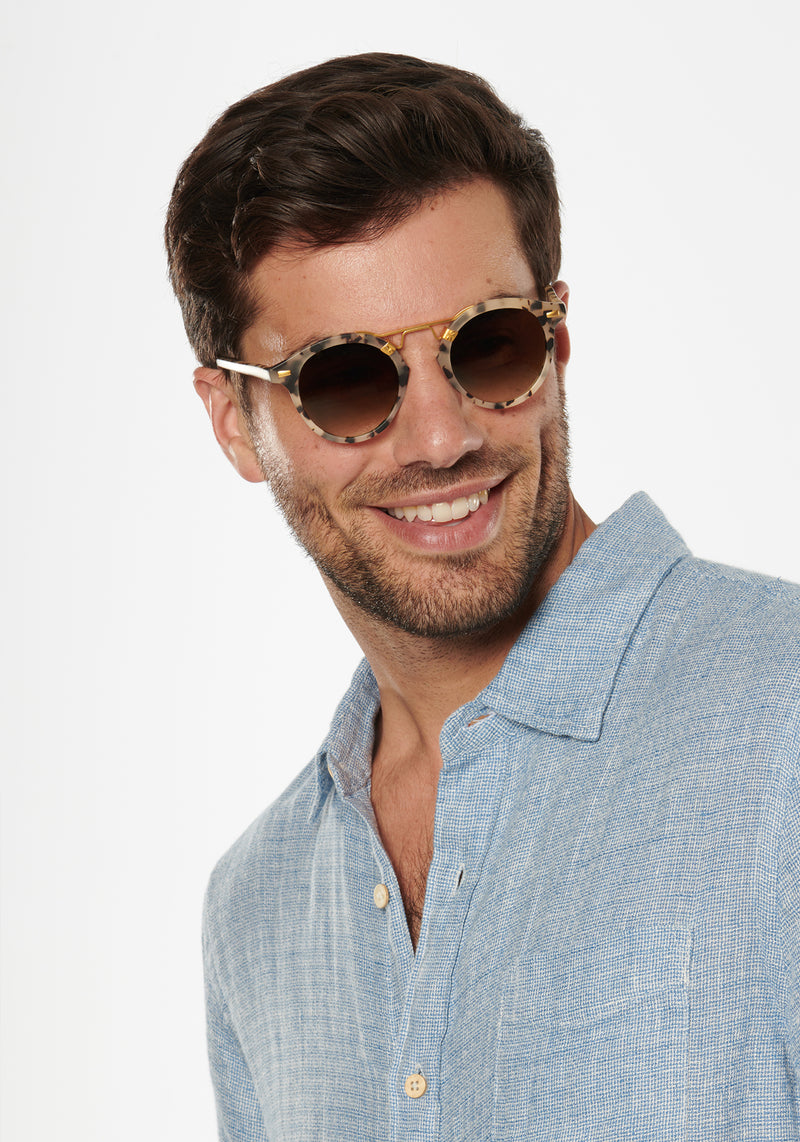 ST. LOUIS | Matte Oyster 24K handcrafted, luxury, cream tortoise, acetate KREWE sunglasses mens model | Model: Douglas