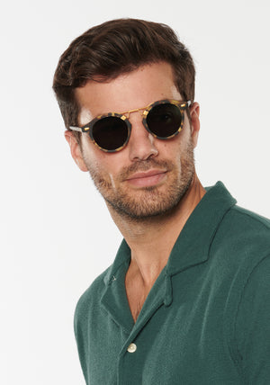 ST. LOUIS | Matte Tokyo Tortoise Polarized 24K Handcrafted, luxury, brown tortoise acetate KREWE Sunglasses mens model | Model: Douglas