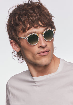 KREWE - Designer Round Sunglasses - ST. LOUIS CLASSICS | Pincheck 18K Handcrafted, luxury blue and white checkered acetate round sunglasses with a double metal bridge. A bestseller. Oliver Peoples Sunglasses, Moscot sunglasses mens model | Model: Cameron