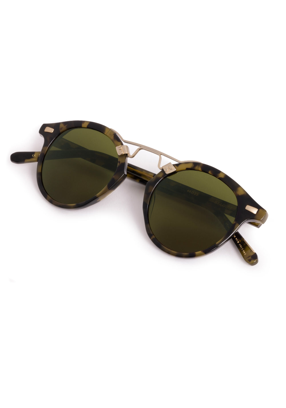 ST. LOUIS | Tortuga 12K Handcrafted, luxury, dark brown black green acetate round KREWE sunglasses with gold bridge and hardware