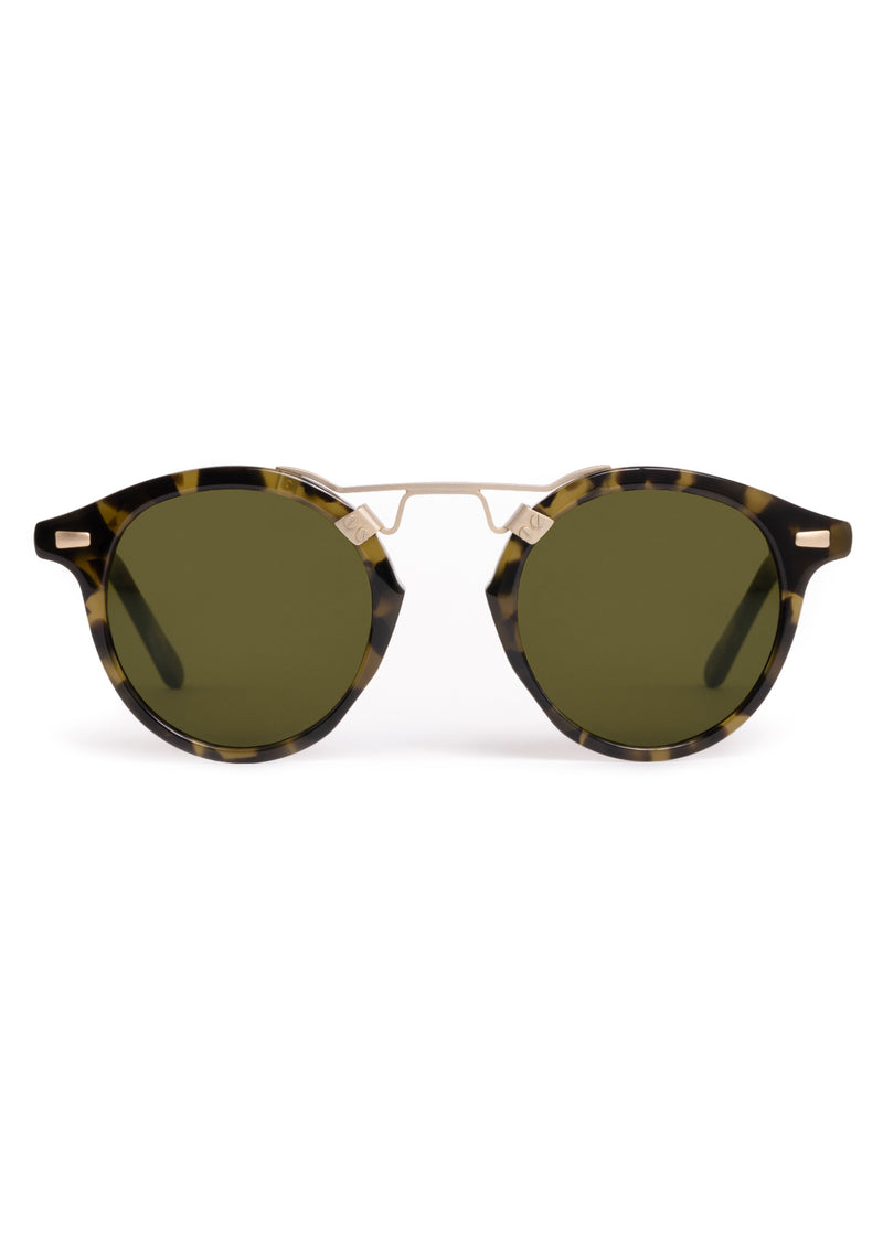 ST. LOUIS | Tortuga 12K Handcrafted, luxury, dark brown black green acetate round KREWE sunglasses with gold bridge and hardware