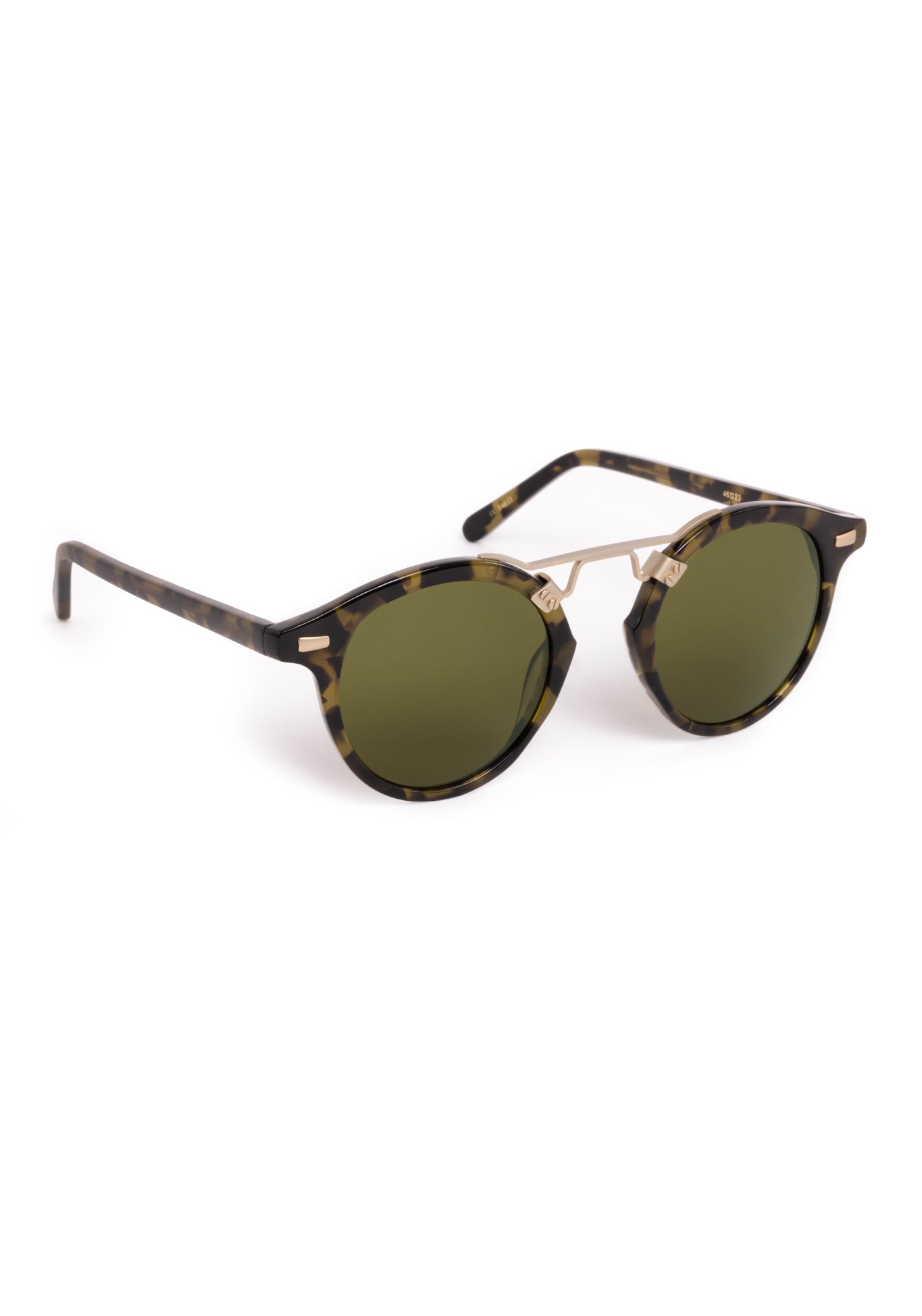 ST. LOUIS | Tortuga 12K Handcrafted, luxury, dark brown black green acetate round KREWE sunglasses with gold bridge and hardware