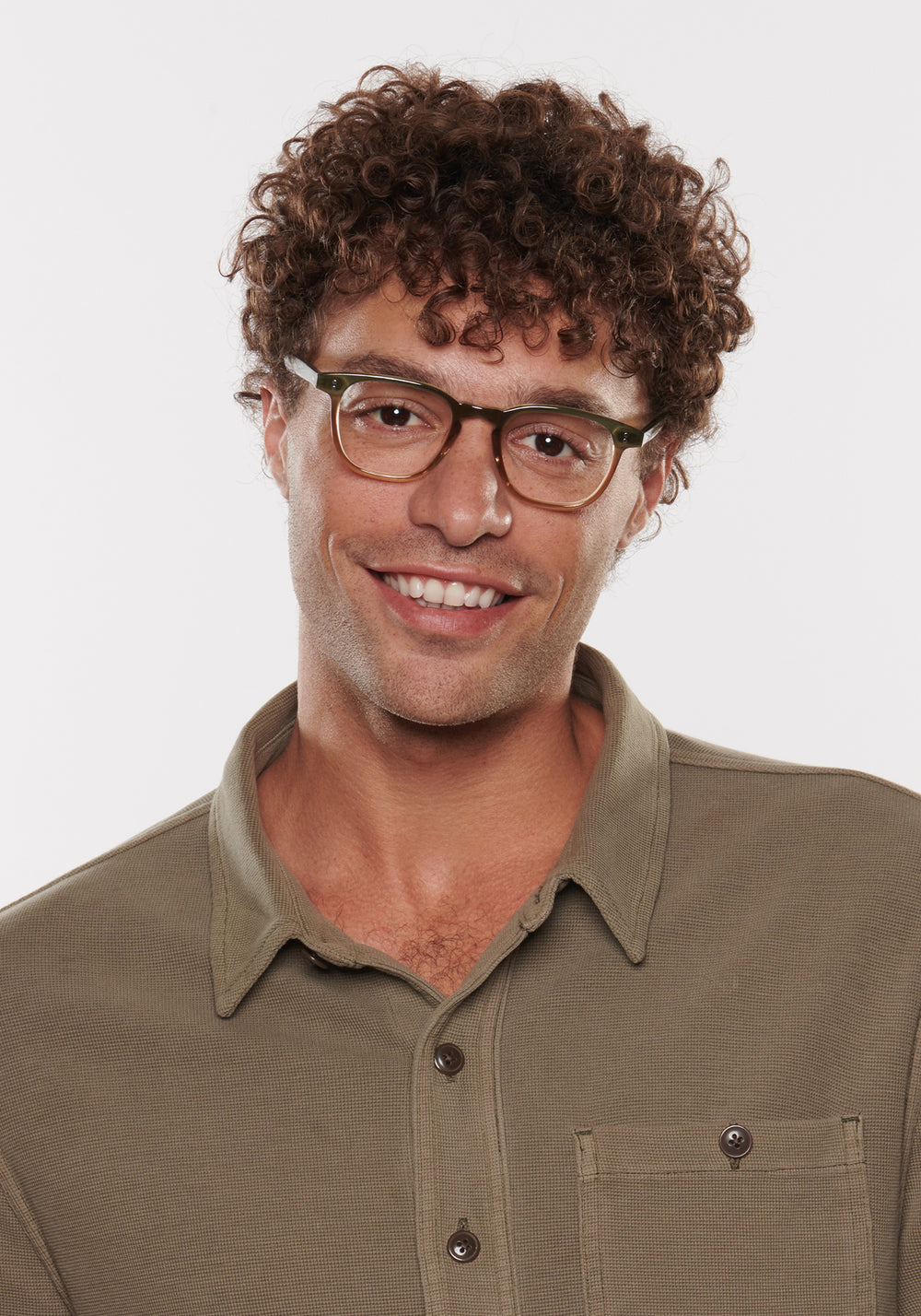 STATE | Wasabi Handcrafted, luxury green gradient square KREWE eyeglasses mens model | Model: Miguel