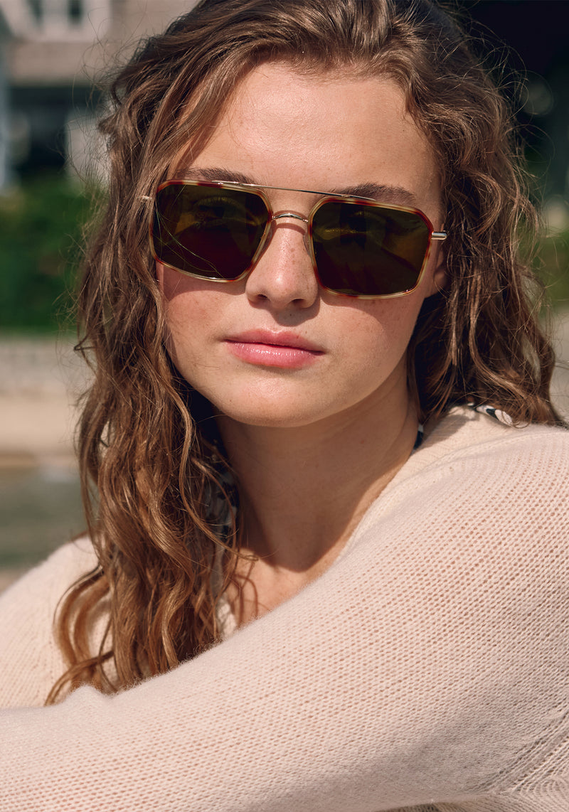 SUMMIT | 12K + Hawksbill Handcrafted, brown tortoise oversized square aviator KREWE sunglasses womens model campaign | Model: Morgan J