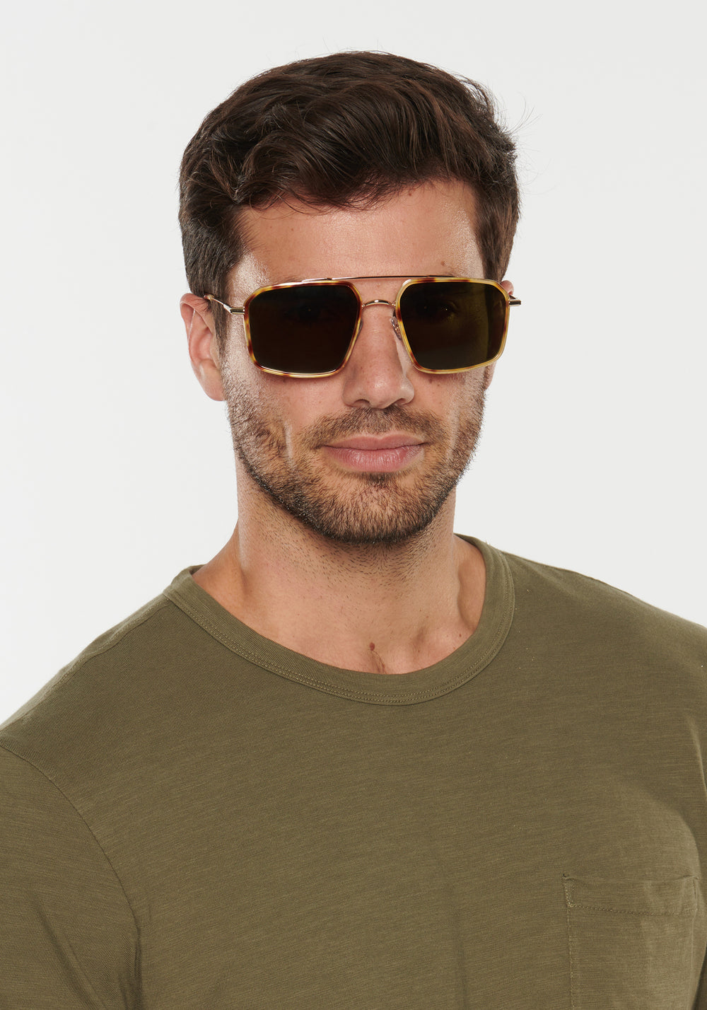 SUMMIT | 12K + Hawksbill Handcrafted, brown tortoise oversized square aviator KREWE sunglasses mens model | Model: Douglas