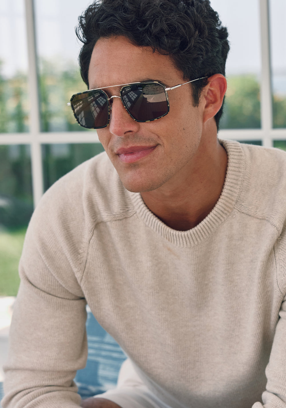 SUMMIT | Silver + Tortuga Noir Handcrafted, dark brown black tortoise oversized square aviator KREWE sunglasses mens model campaign | Model: Conrado