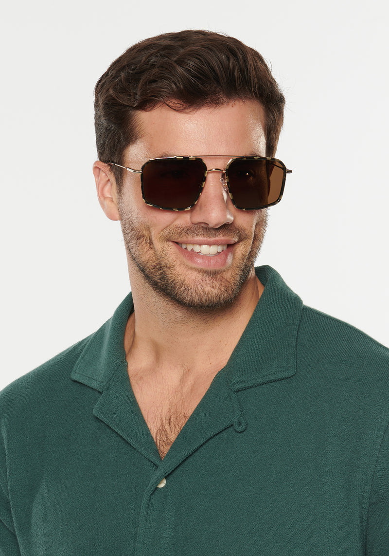 SUMMIT | Silver + Tortuga Noir Handcrafted, dark brown black tortoise oversized square aviator KREWE sunglasses mens model | Model: Douglas