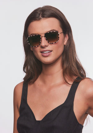 VAIL | 18K Titanium + Harlequin Handcrafted, luxury black and pink checkered acetate and stainless steel square oversized aviator KREWE sunglasses womens model | Model: Bentley