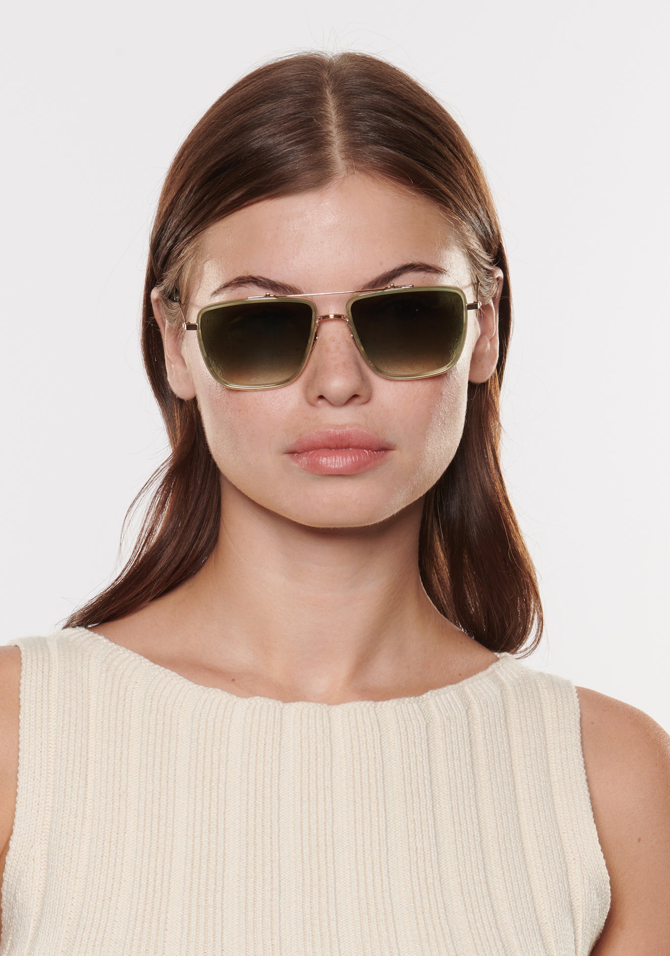 VAIL | 12K Titanium + Selene Handcrafted, luxury light green acetate and titanium square oversized aviator KREWE sunglasses womens model | Model: Katie