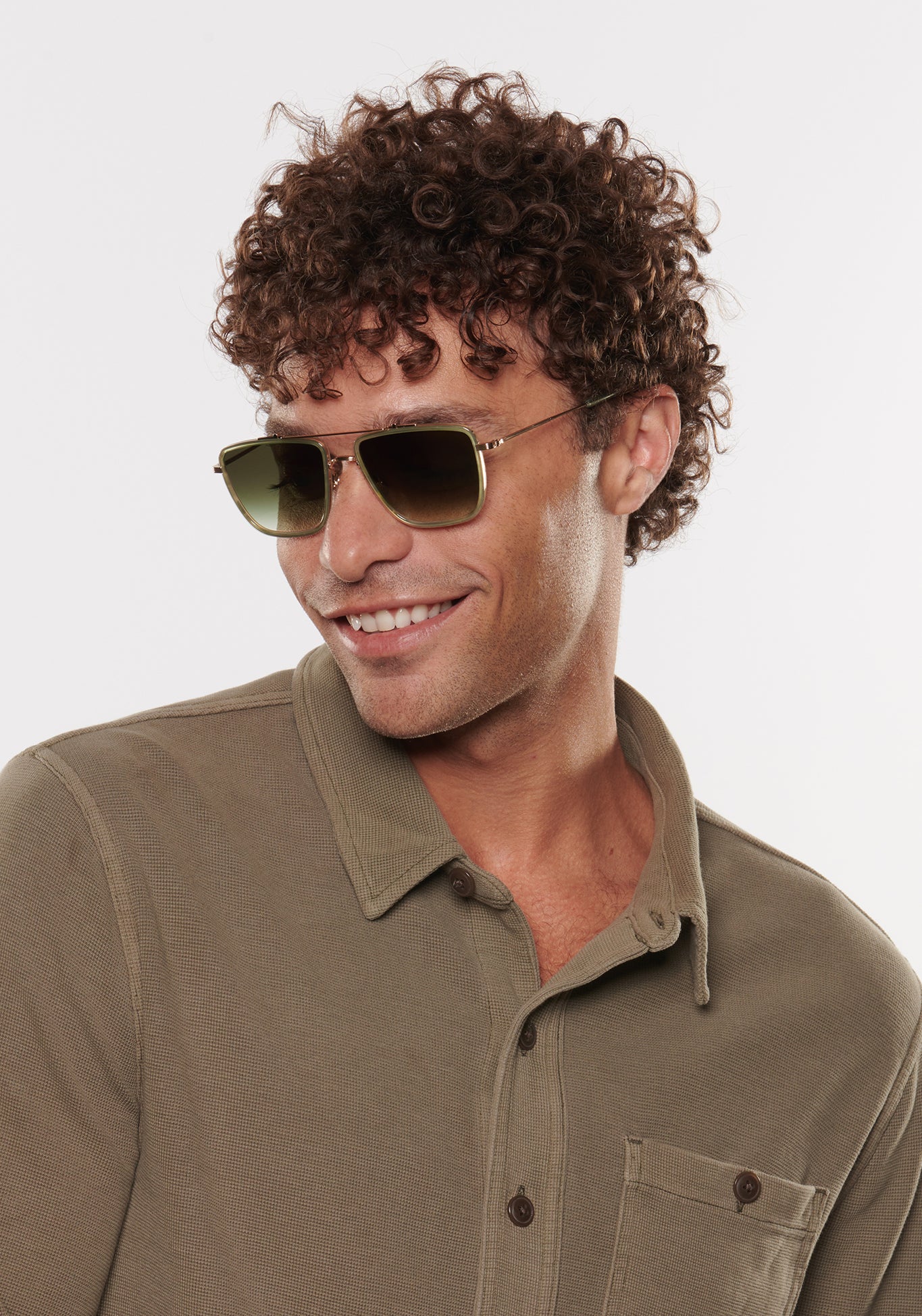 VAIL | 12K Titanium + Selene Handcrafted, luxury light green acetate and titanium square oversized aviator KREWE sunglasses mens model | Model: Miguel