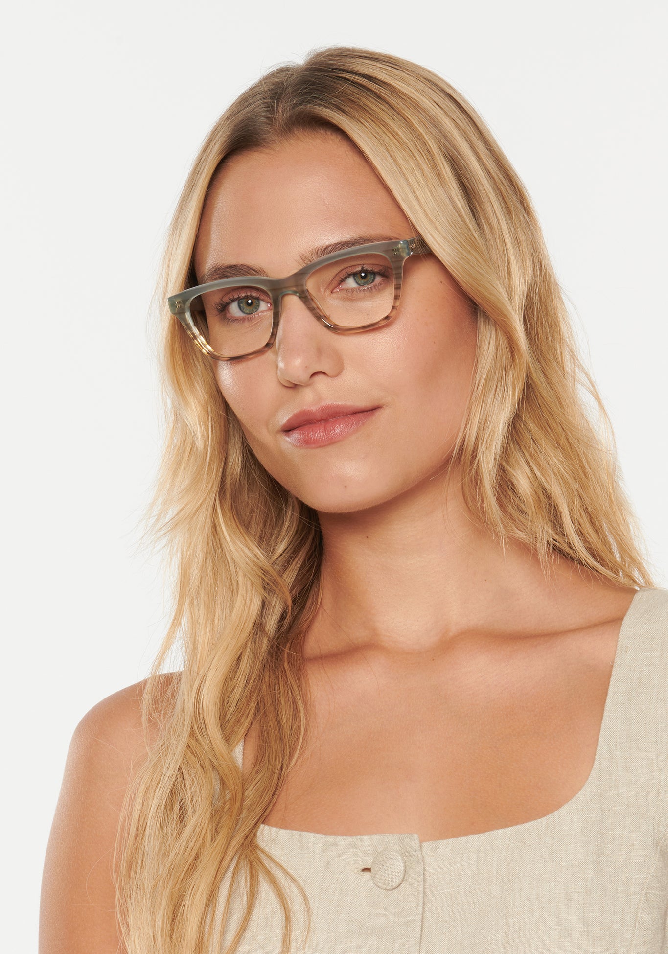 VALERIE | Root + Shale Handcrafted, luxury light grey to brown gradient acetate rectangular cat-eye KREWE eyeglasses womens model | Model: Erica