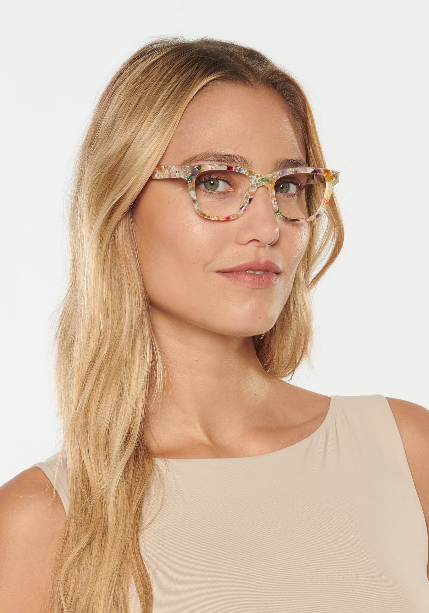 VALERIE | Sucre Handcrafted, luxury multicolored pastel tortoise acetate rectangular cat-eye KREWE eyeglasses womens model | Model: Erica