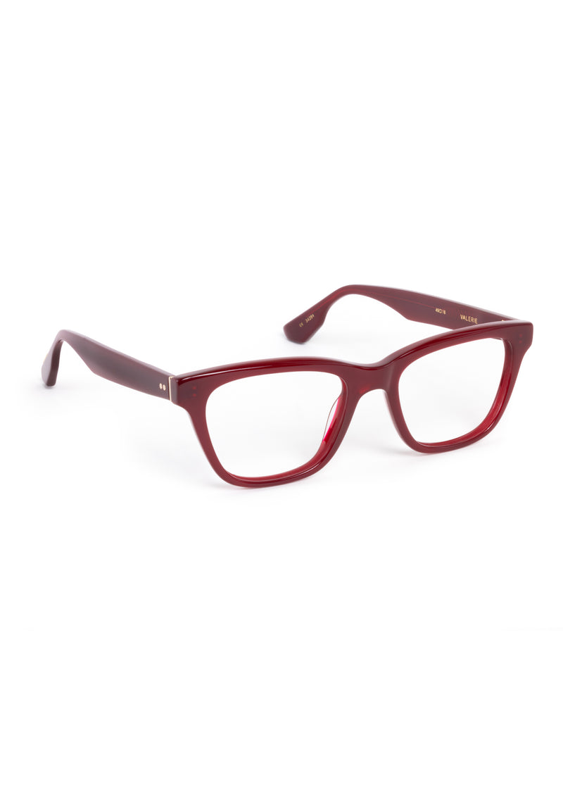 VALERIE | Brandy Handcrafted, luxury dark red maroon acetate rectangular cat-eye KREWE eyeglasses